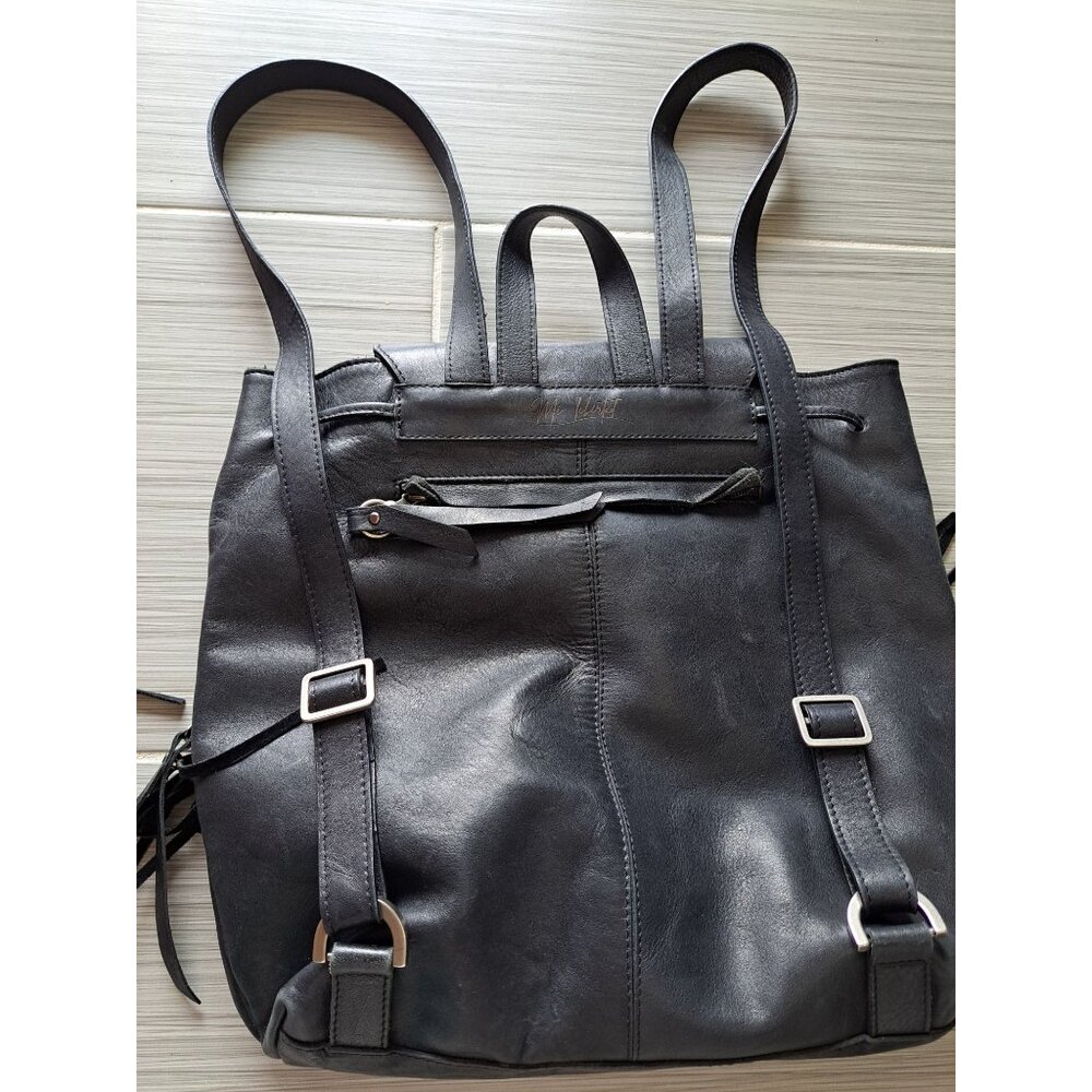 Valez Black Fringe Leather Backpack Embroidered Flap  Turn-Lock Closure Large - Picture 10 of 16